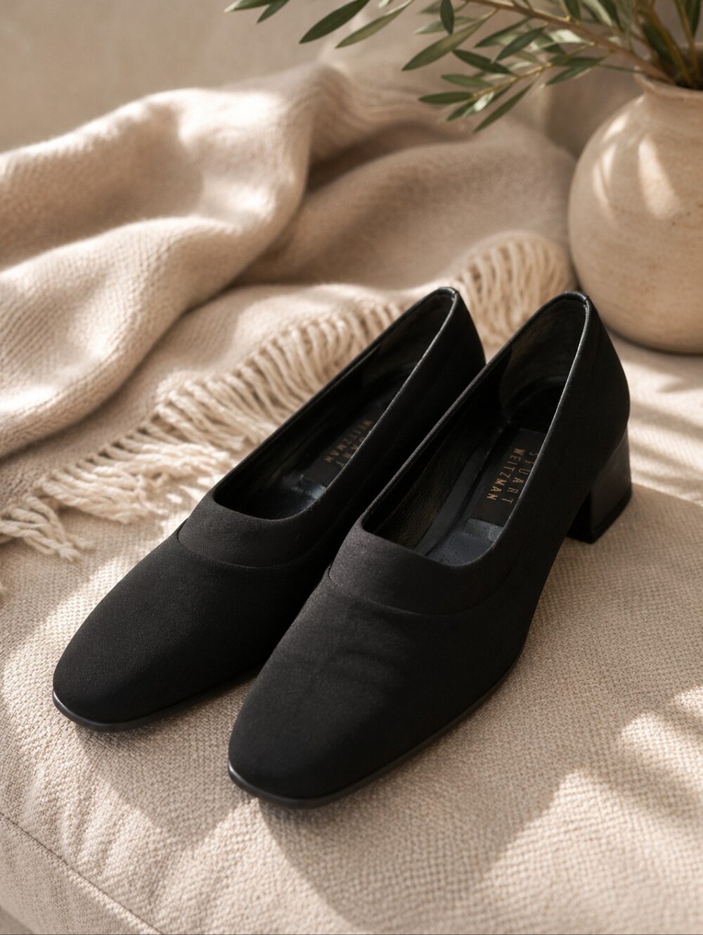Stuart Weitzman Made in Spain Black Minimalist Block Heel Pumps